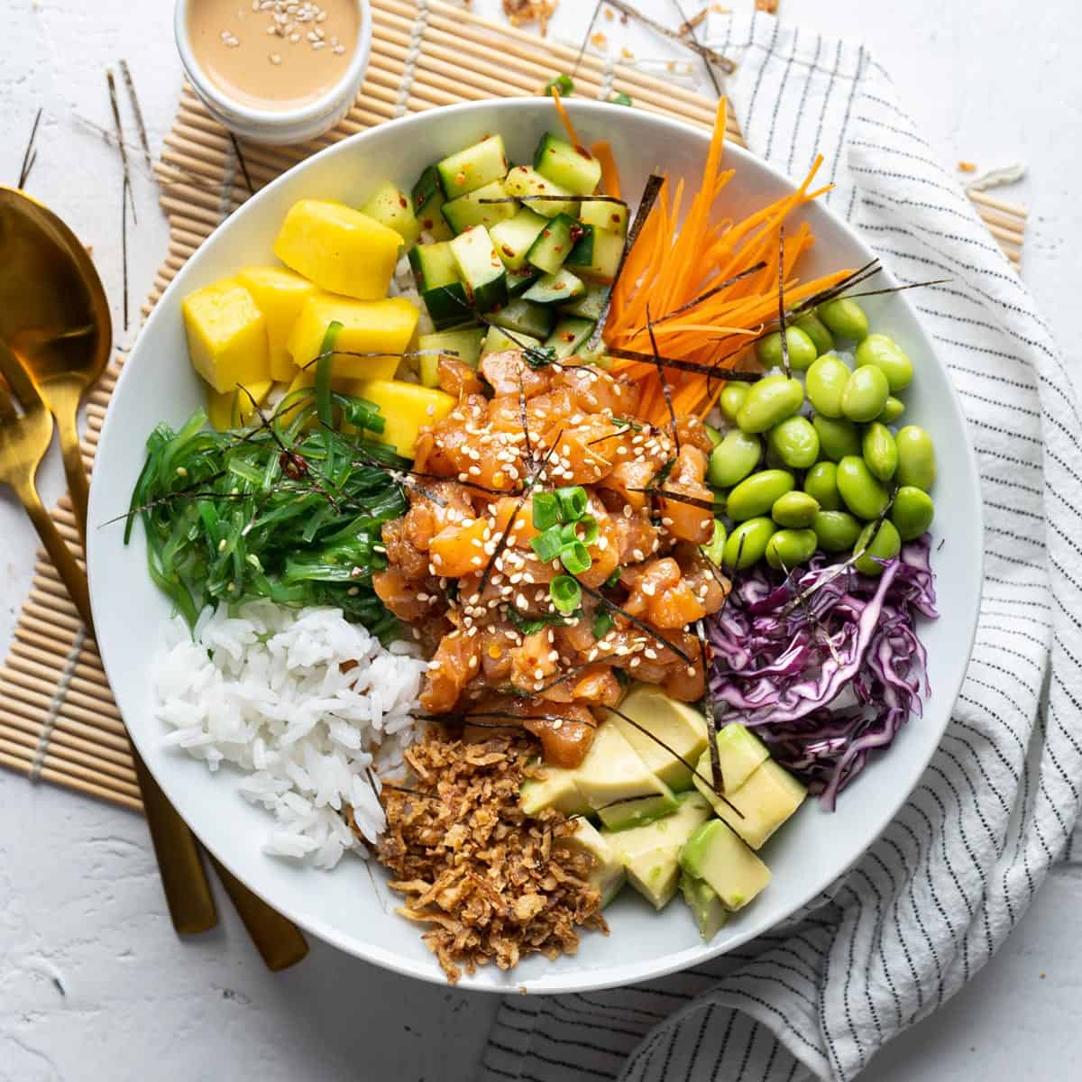 Salmon Poké Bowl with avocado and edamame