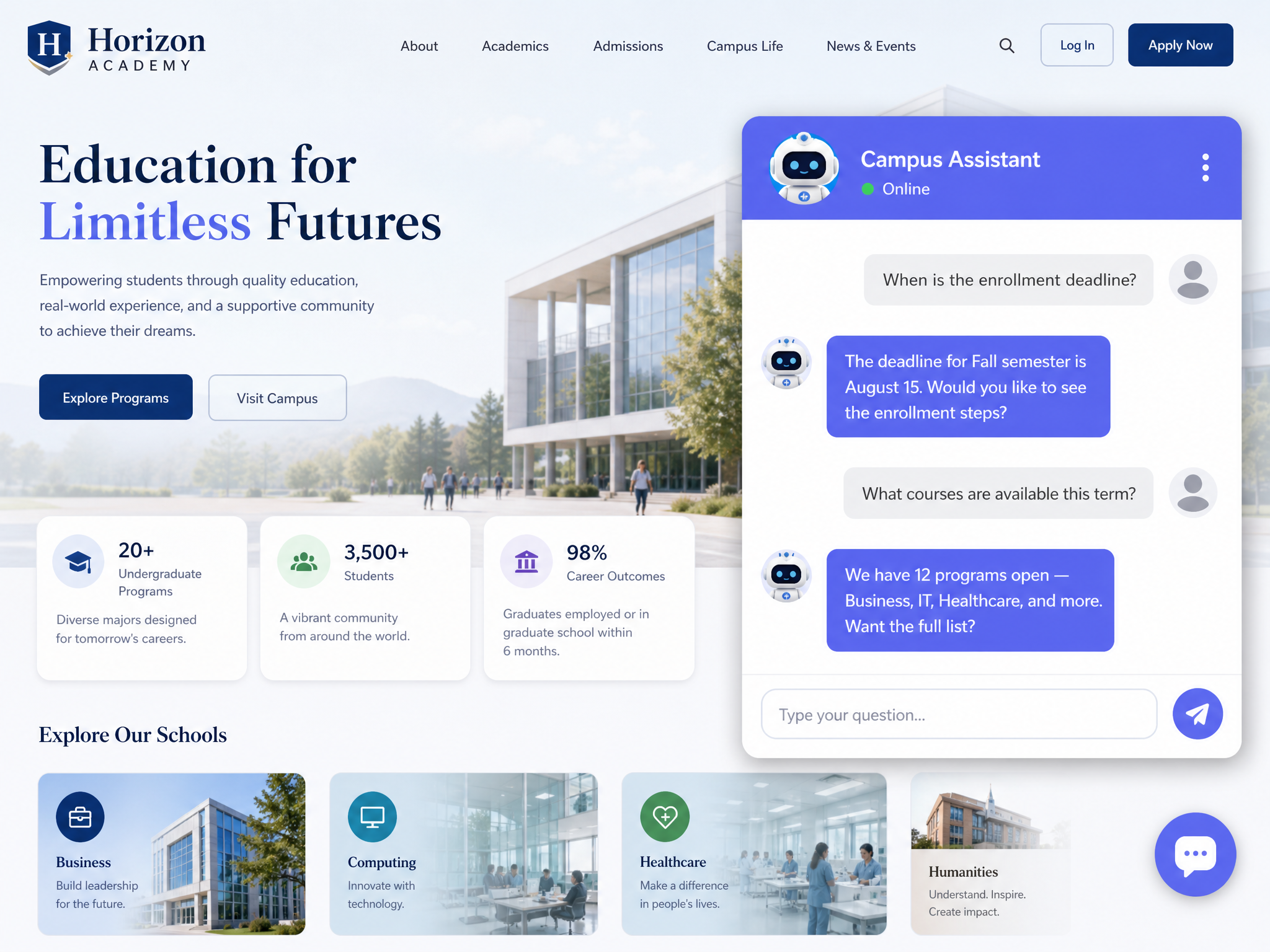 Campus Assistant AI chatbot answering student questions about enrollment deadlines and available courses on a university website
