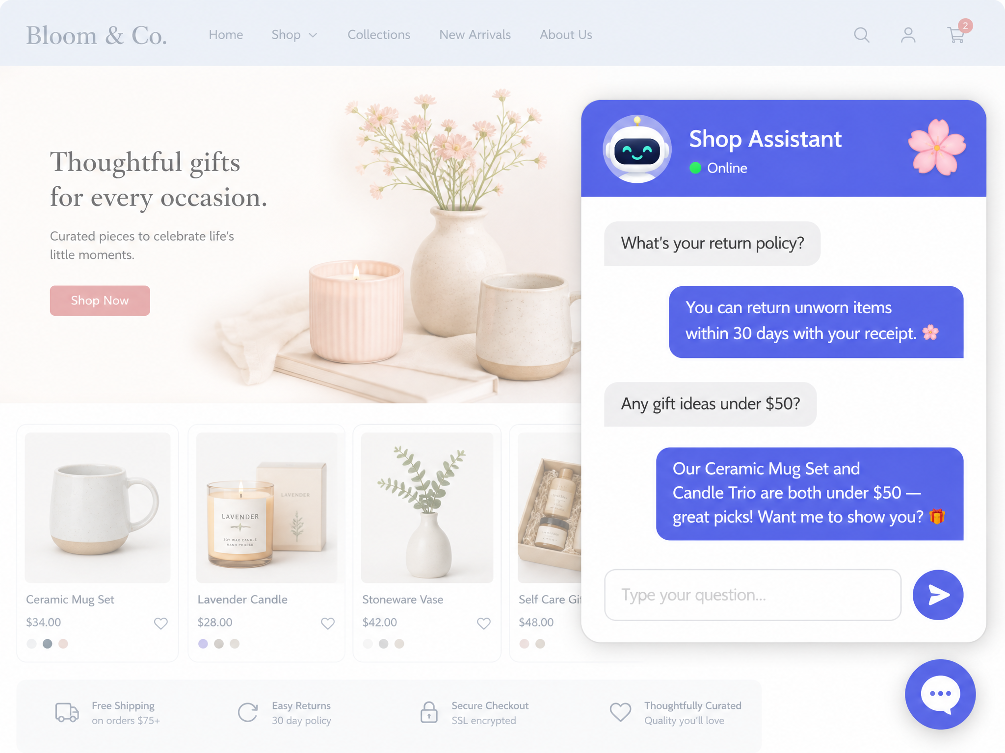 KaHappy AI chat assistant answering an online shopper's return policy question and recommending gift products from the store catalog